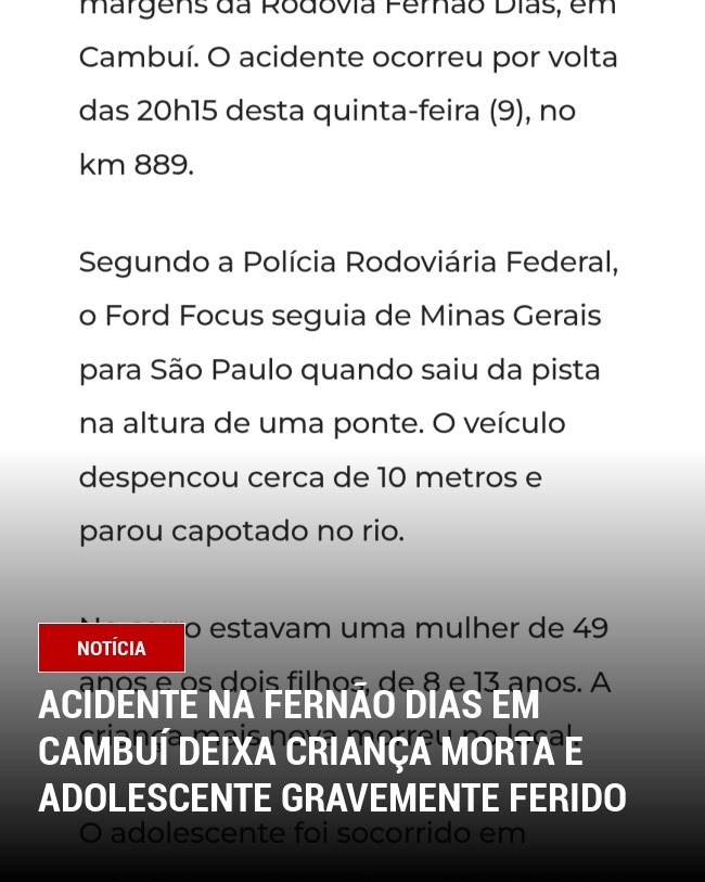 Acidente na Fernão Dias em Cambuí deixa criança morta e adolescente gravemente ferido