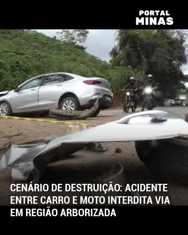 Cenário de Destruição: Acidente entre Carro e Moto Interdita Via em Região Arborizada