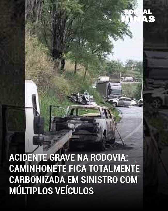 Acidente grave na rodovia: Caminhonete fica totalmente carbonizada em sinistro com múltiplos veículos