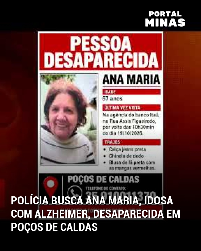 Polícia busca Ana Maria, idosa com Alzheimer, desaparecida em Poços de Caldas