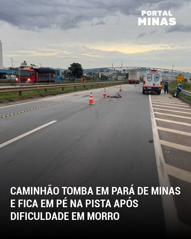 Caminhão tomba em Pará de Minas e fica em pé na pista após dificuldade em morro