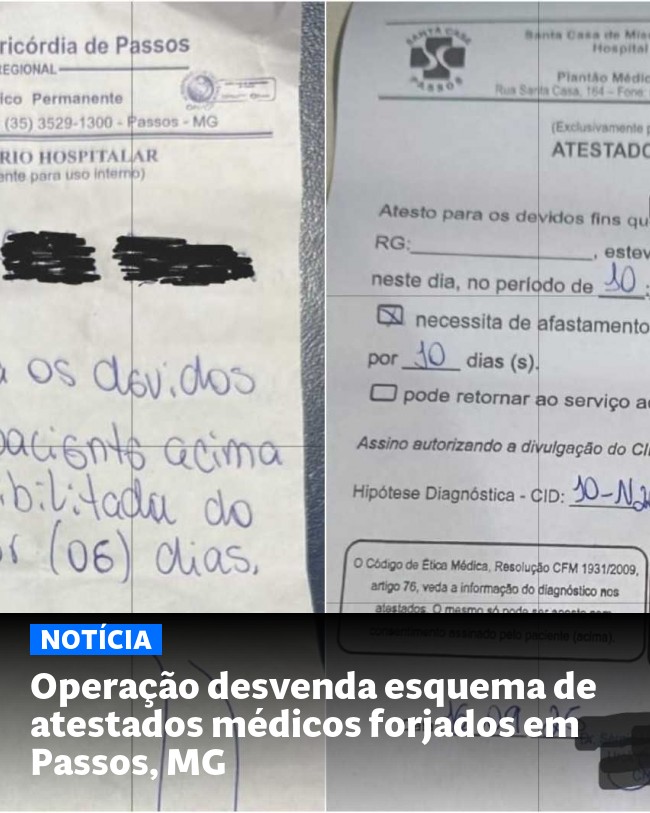 Operação desvenda esquema de atestados médicos forjados em Passos, MG - Post para compartilhamento via WhatsApp