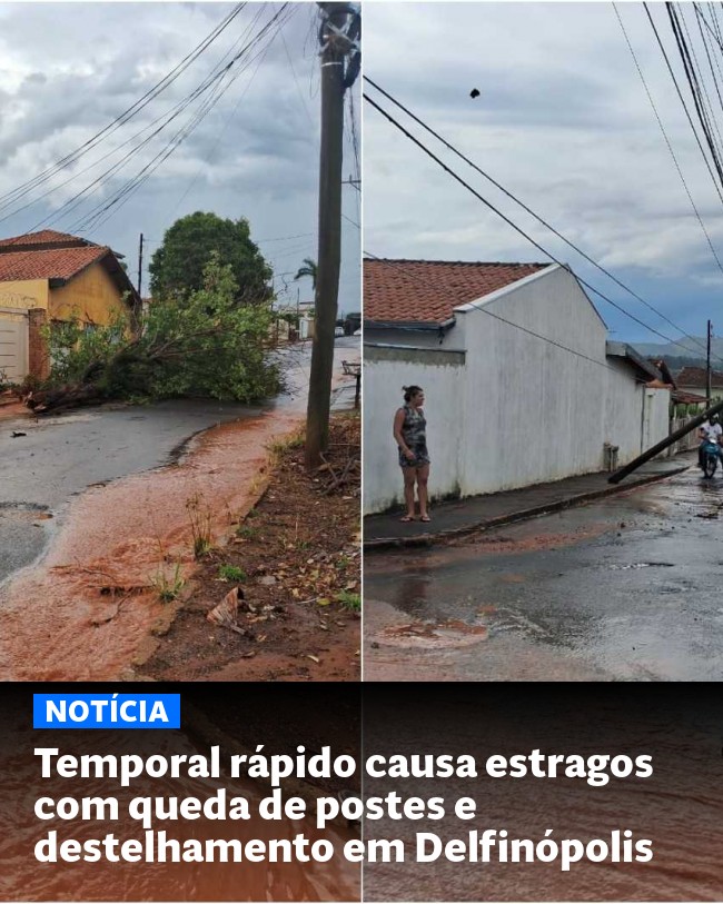 Temporal rápido causa estragos com queda de postes e destelhamento em Delfinópolis - Post para compartilhamento via WhatsApp