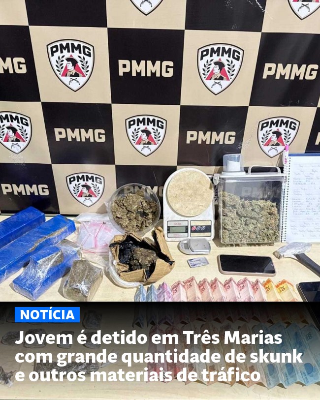 Jovem é detido em Três Marias com grande quantidade de skunk e outros materiais de tráfico - Post para compartilhamento via WhatsApp