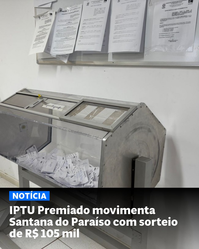 IPTU Premiado movimenta Santana do Paraíso com sorteio de R$ 105 mil - Post para compartilhamento via WhatsApp