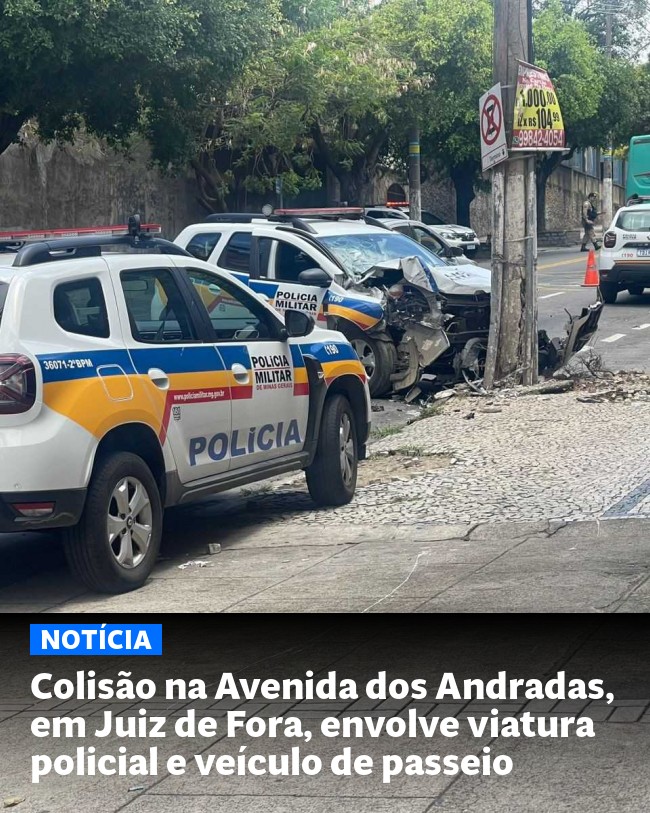 Colisão na Avenida dos Andradas, em Juiz de Fora, envolve viatura policial e veículo de passeio - Post para compartilhamento via WhatsApp