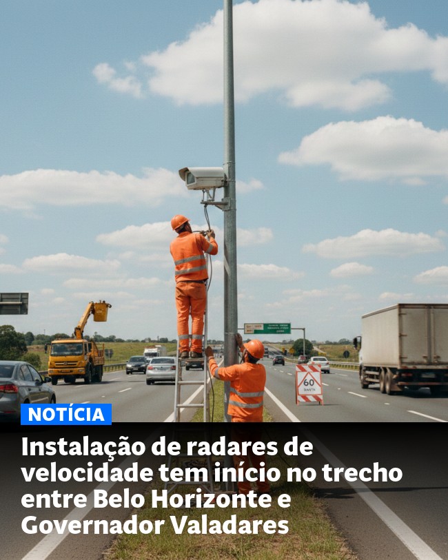 Instalação de radares de velocidade tem início no trecho entre Belo Horizonte e Governador Valadares - Post para compartilhamento via WhatsApp