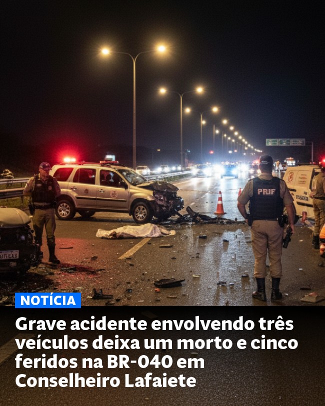 Grave acidente envolvendo três veículos deixa um morto e cinco feridos na BR-040 em Conselheiro Lafaiete - Post para compartilhamento via WhatsApp