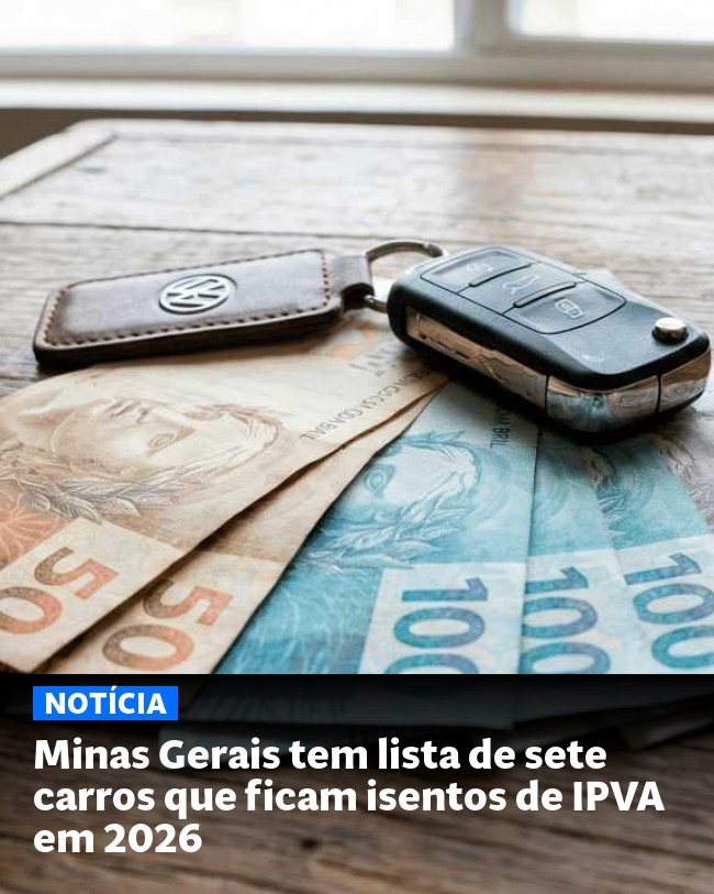 Minas Gerais tem lista de sete carros que ficam isentos de IPVA em 2026 - Post para compartilhamento via WhatsApp