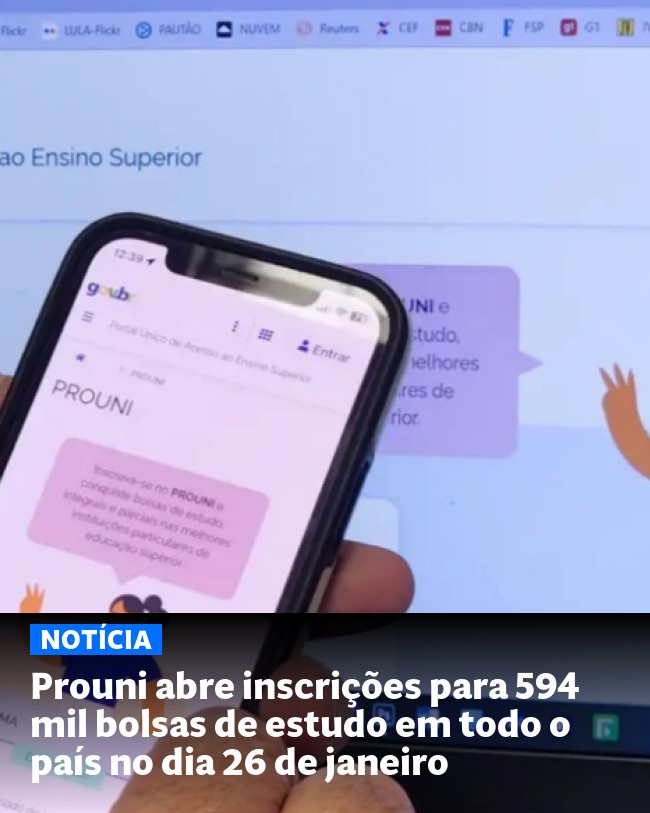 Prouni abre inscrições para 594 mil bolsas de estudo em todo o país no dia 26 de janeiro - Post para compartilhamento via WhatsApp