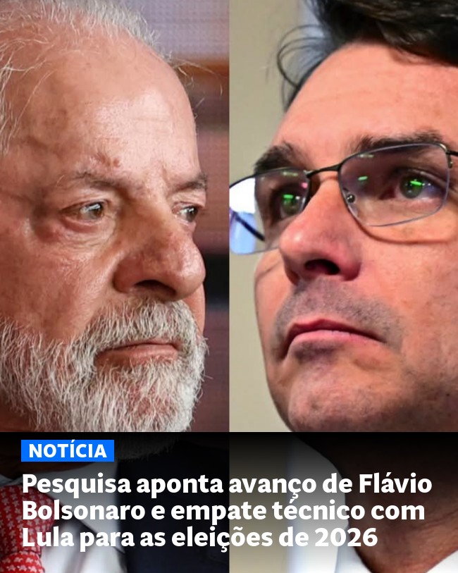 Pesquisa aponta avanço de Flávio Bolsonaro e empate técnico com Lula para as eleições de 2026 - Post para compartilhamento via WhatsApp