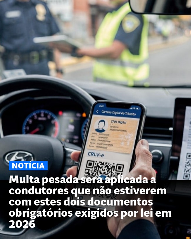 Multa pesada será aplicada a condutores que não estiverem com estes dois documentos obrigatórios exigidos por lei em 2026 - Post para compartilhamento via WhatsApp