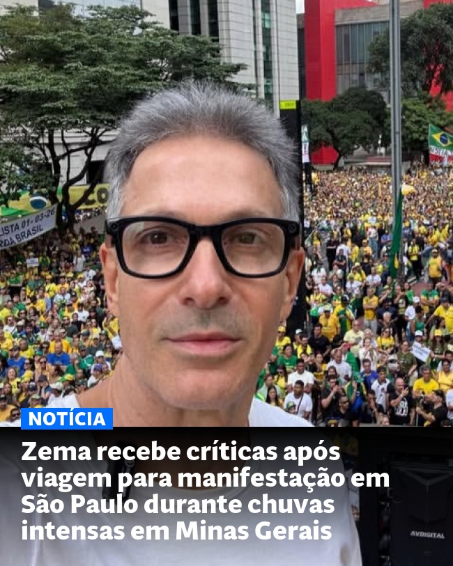 Zema recebe críticas após viagem para manifestação em São Paulo durante chuvas intensas em Minas Gerais - Post para compartilhamento via WhatsApp