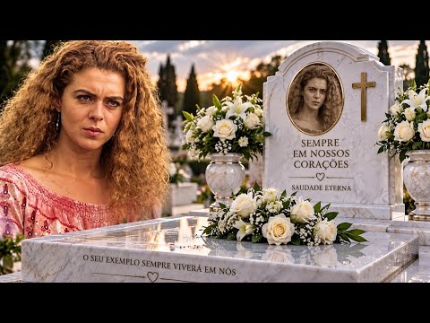Uma cena de profunda melancolia e reflexão foi capturada em um cemitério, sob a suave luz dourada do pôr do sol. No centro da imagem, uma mulher com cab...
